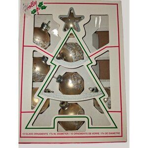 8 Holly Glass Christmas Ornaments 1 3/4" Diameter Silver Glitter Design Vintage